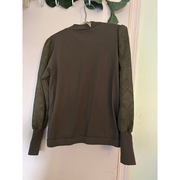 Tiny Anthropologie Olive Green Eyelet Lace Puff Sleeve Sweatshirt Top Women’s M - Picture 2 of 10